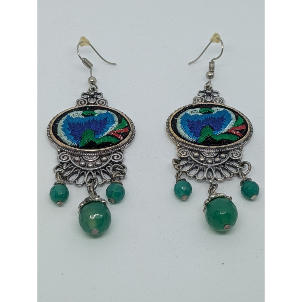 Glass Stone Jewelery Silver Earrings Ethno Indian Hippie Embroidery‎